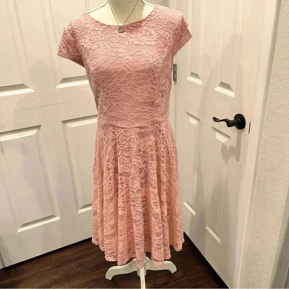 Muadress Pink, lace Midi dress. Scoop neck, cap sleeve lined w zip back closure, - Picture 1 of 10